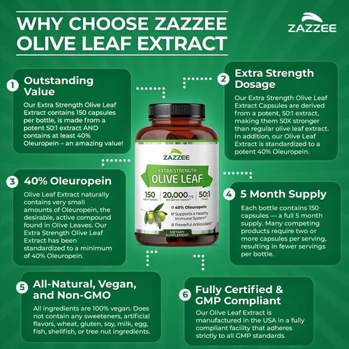 Vista 5 de Zazzee Extracto de hoja de olivo extra fuerte 50:1, 40% de oleuropeína, 150 cápsulas veganas, suministro para 5 meses, Olea Europaea, fuente