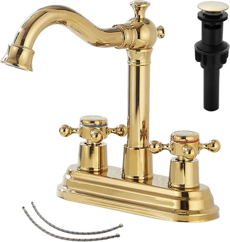 Vista 15 de Grifo de Baño GGStudy de Latón Antiguo de 2 Manijas de 4 Pulgadas Grifo Central de Tocador de Baño con Conjunto de Drenaje y Manguera de Suministro