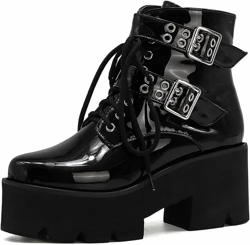 Vista 14 de mikarka Platform Boots for Women - Womens Combat Boots with Chain Design 1-negro
