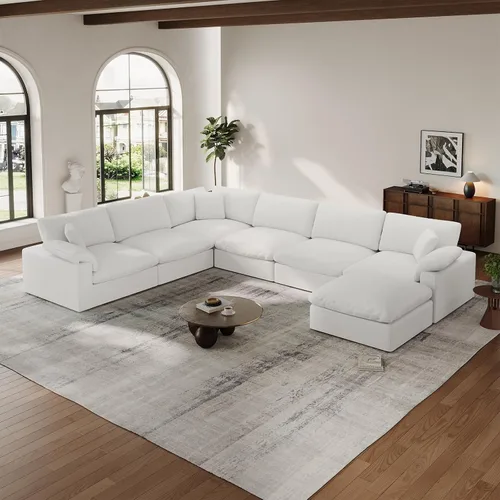 Vista 25 de Sofá modular Cloud para sala de estar, sofás de mezcla de lino en forma de L, modernos sofás de nube de asiento profundo, sofás seccionales Beige