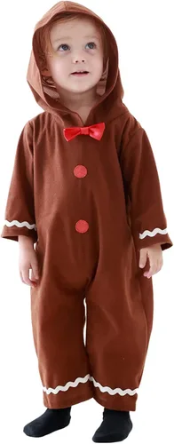 Vista 2 de Funivals Disfraz de hombre de jengibre unisex para bebé para Navidad elfos de pan de jengibre marrón traje de escalada