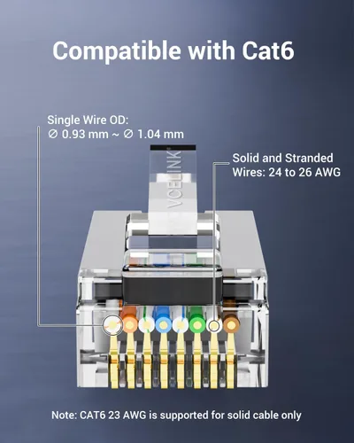 Vista 3 de Conector RJ45 blindado VCE Cat6 con funda de alivio de tensión, 25 unidades Fits 24-26AWG solid or stranded Cat6 STP/FTP cable 50 Pack Connectors