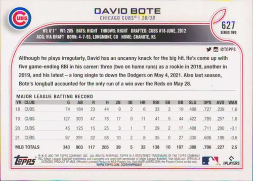 Vista 2 de 2022 Topps Factory Set 582 Montgomery Club #627 David Bote Chicago Cubs Baseball Card