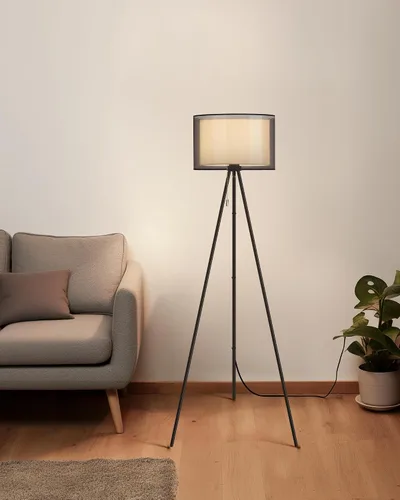 Vista 8 de KDG Lámpara de pie moderna, lámpara de trípode alta para sala de estar, dormitorio, oficina; pantalla de tela, bombilla LED, luz cálida (negro)