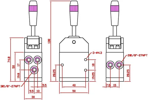 Vista 3 de Fulgem Productos Neumática mecánica Toggle Style Válvulas de aire para válvulas accionadas, sin retención, interruptor manual, 1/8" (F) Puerto NPT