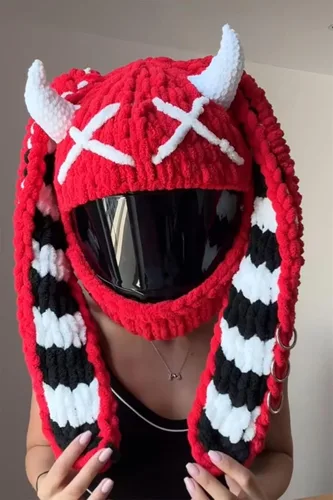 Vista 6 de Lindas fundas para casco de motocicleta con orejas de gato/conejo, cubierta de decoración de casco de cara completa divertida de felpa, gorro