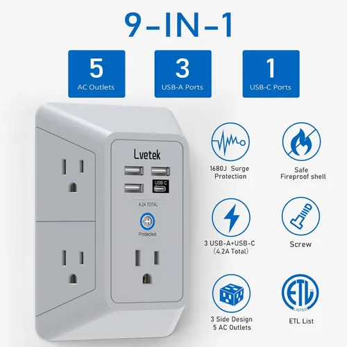 Vista 8 de Extensor de tomacorriente, protector de sobretensiones con 5 enchufes múltiples y 4 puertos USB (2 USB C), cargador de pared de regleta