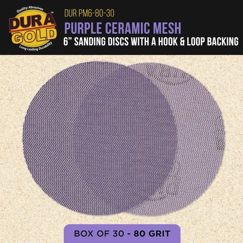 Vista 2 de Dura-Gold Discos de lijado de malla de cerámica púrpura de grano 80 de 6 pulgadas, caja de 30 – Papel de lija sin polvo con respaldo de gancho