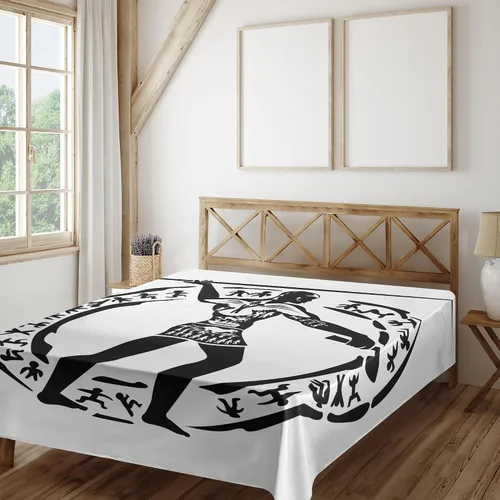 Vista 2 de Ambesonne Hunting Flat Sheet, Person with Lance Hunting Folklore Circle, Soft and Comfortable Top Sheet Decorative Bedding 1 Piece, Full Size, Black