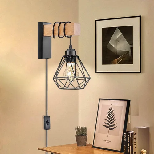 Vista 7 de Juego de 2 apliques de pared enchufables, luces de pared de granja con cable de enchufe, lámpara de pared rústica negra para dormitorio, mesita
