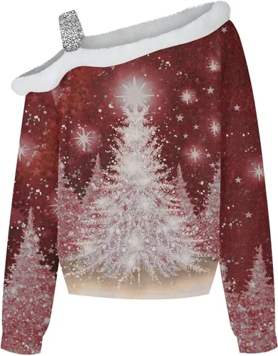 Vista 5 de SIUMOPA Sexy Sweatshirt for Women Cropped Shoulder Loose Fit Pullover Shirts Christmas Pattern Print Blouse Sweater Cute Top