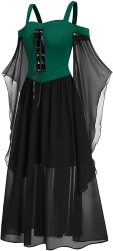 Vista 2 de BOXIACEY Vestidos góticos para mujer, hombros descubiertos, manga de mariposa, con cordones, vestido de Halloween, disfraz medieval renacentista