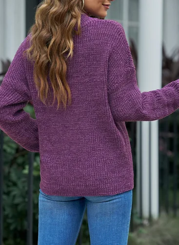 Vista 6 de EVALESS Suéteres para mujer, suéter de manga larga con cremallera de un cuarto, cuello en V, suéter tipo polo para mujer