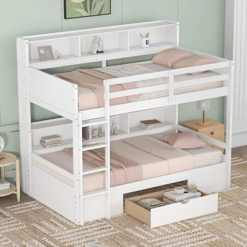 Vista 9 de Litera moderna de madera con cajón, literas individuales sobre individuales con estantes integrados junto a la cama superior e inferior, marco