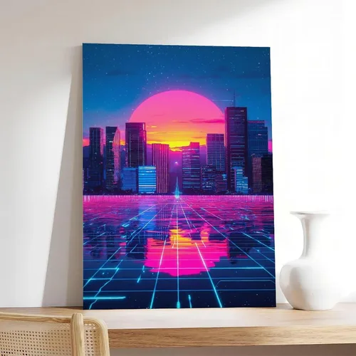 Vista 7 de Cyberpunk - Arte de pared Vaporwave - Póster de ciudad futurista de neón, impresión retro de onda sintética moderna, impresiones de pared abstractas