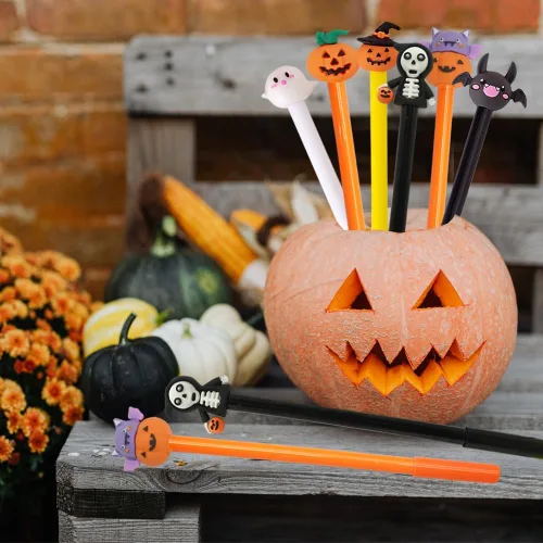 Vista 5 de 30 bolígrafos de Halloween, cabezas de calavera de calabaza, bolígrafos con forma de murciélago fantasma, bolígrafo negro a granel de 0.020 in