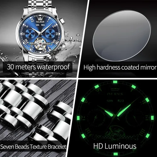 Vista 4 de OLEVS Reloj automático (no requiere batería) Relojes de pulsera para hombre, relojes mecánicos de cuerda automática, reloj clásico de esqueleto