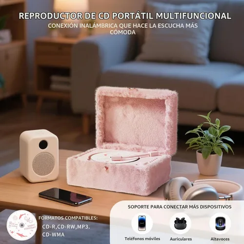 Vista 3 de Reproductor de CD rosa mullido con Bluetooth, control remoto