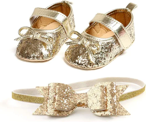 Vista 4 de Zapatos planos Mary Jane para bebé con diadema de lazo, vestido de princesa floral para bebé, suela suave, zapatos de cuna antideslizantes