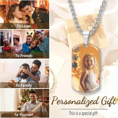 Vista 7 de Collar con Foto Personalizada, Collar Personalizado para Hombres, Collar Grabado Personalizado con Foto y Texto, Regalos Conmemorativos