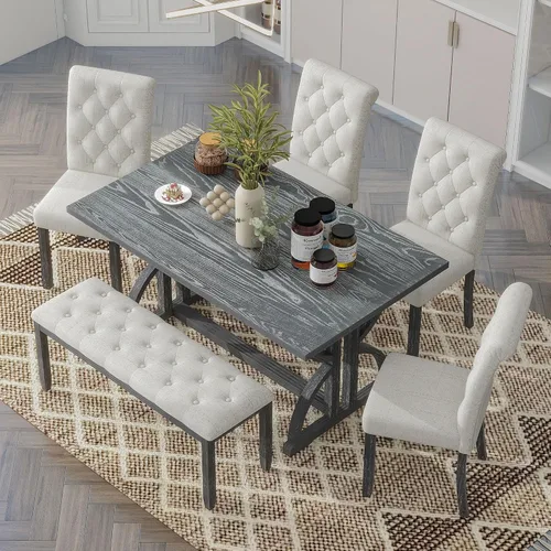 Vista 87 de Juego de mesa de comedor vintage de 6 piezas, juego de mesa de comedor de cocina de madera maciza con 4 sillas ergonómicas acolchadas y banco, mesa