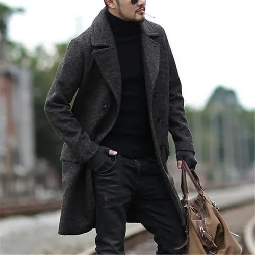 Vista 7 de Men's Winter Coat Jacket Fashion Handsome Long Wool Overcoats Comfortable Warm Soft Coat Mens Sweaters Distressed