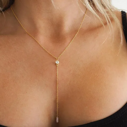 Vista 2 de VRIUA Gold Necklace for Women, Dainty Gold Necklace 14K Gold Plated Lariat Pearl Y-Shaped Necklace Layered Bead Chain Diamond Drop Necklaces