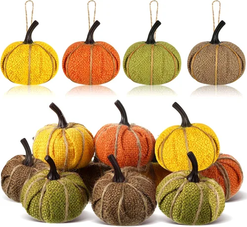 Vista 11 de Kajaia 12 piezas de mini adornos colgantes de calabaza de otoño de Acción de Gracias para árbol de 2.05 pulgadas, tela de arpillera, calabaza