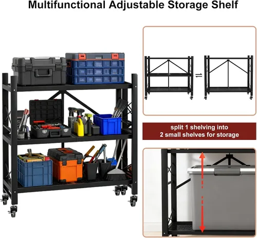 Vista 4 de Grezone Estantes plegables de 3 niveles de almacenamiento de metal resistente con ruedas – No se ensambla unidad de estantería plegable para cocina