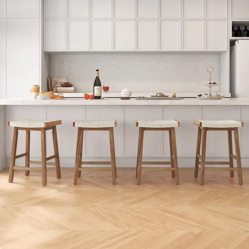 Vista 8 de COSTWAY Juego de 2 taburetes de comedor de 25.5 pulgadas de altura de mostrador con asiento tejido de algas marinas, madera de goma, marco de madera