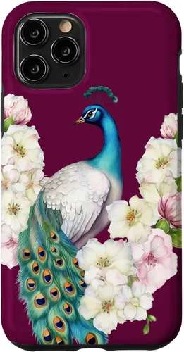 Vista 27 de iPhone 16 Peacock Bird with Long Feathers Watercolor Flowers Case