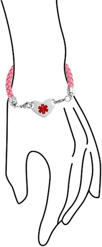 Vista 2 de Pulsera de piel trenzada rosa con identificación de alerta médica, personalizable, de acero inoxidable
