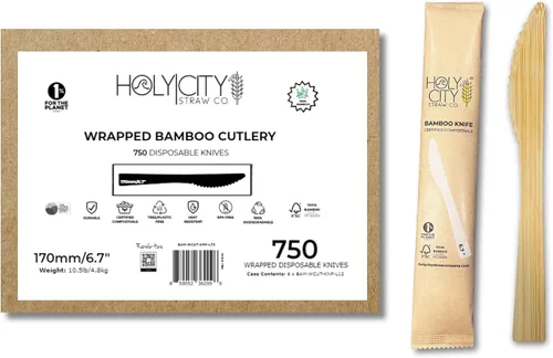 Vista 13 de Juego de cubiertos desechables de bambú envueltos 100 paquetes 1 cuchillo, 1 tenedor, 1 cuchara y 1 servilleta Kraft Utensilios biodegradables