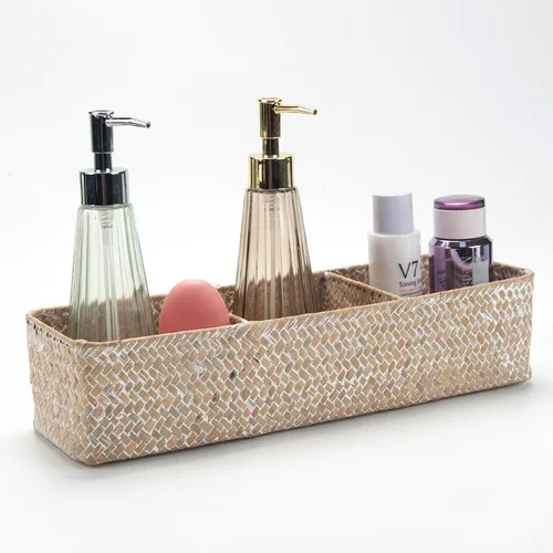 Vista 10 de DECRAFTS Cesta de almacenamiento de pastos marinos con tapa, rectangular, pequeña, tejida con secciones para organizar aperitivos, juguetes, tampón