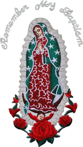 Vista 2 de Parche bordado para bautizo con la Virgen María, mi Señora de Guadalupe para planchar (plata, sin palabra, 4.75 x 2.75 pulgadas)