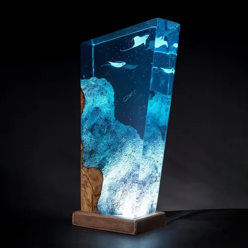 Vista 3 de Manta Rays, Diver, Scuba Resin Wood Lamp, Manta Rays Gift, Ocean Theme Diorama, Manta Rays Lamp, Ocean Lamp, Diver Lamp, Stringray Night Light Large