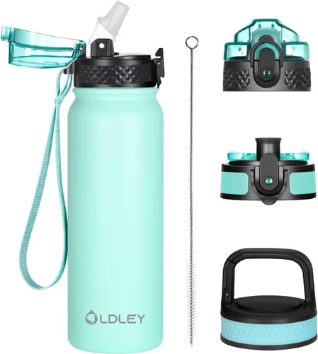 Vista 45 de Botella de agua aislada Oldley de 12 oz con pajita, botella de agua de acero inoxidable con 2 tapas, botellas de doble pared con vacío para adultos