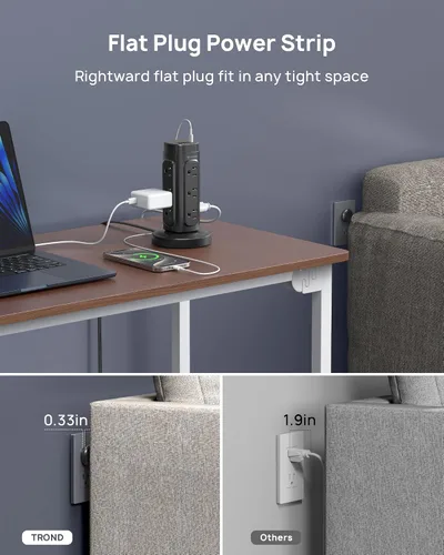 Vista 6 de TROND Torre de Regleta de Alimentación Retráctil – Regleta protectora de sobretensiones de enchufe plano con USB C PD de 20 W, cable de extensión