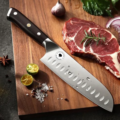 Vista 5 de Cuchillo de cocina Santoku de 7 pulgadas, cuchillo de chef japonés ultra afilado con mango de madera ergonómico, cuchillo de cocina profesional