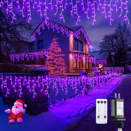 Vista 26 de JMEXSUSS 400 luces LED de Navidad de carámbano de 38.8 pies con control remoto, tira de luces multicolor para exteriores enchufables, 8 modos