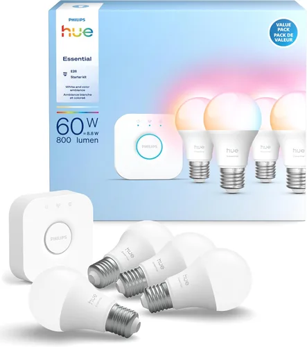 Vista 13 de Philips Hue Essential - Bombilla LED inteligente A19, ambiente blanco y color, base E26, 8.8W, 2200K-6500K, 800 lúmenes, regulable, funciona
