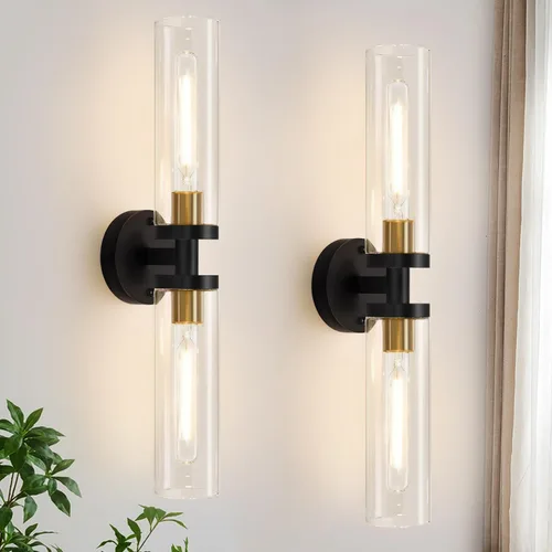 Vista 16 de Indoi Apliques de pared de níquel cepillado, apliques de baño cableados con vidrio transparente, modernos accesorios de tocador de baño para espejo