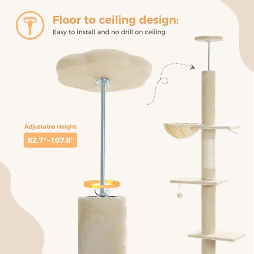 Vista 4 de PEQULTI Árbol para gatos de piso a techo, torre alta para gatos, altura ajustable (83-108 pulgadas), 5 niveles de árbol trepador para gatos