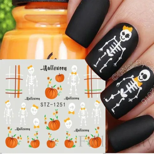 Vista 3 de Calcomanías de arte de uñas de Halloween, calcomanías de transferencia de agua, 12 unidades, calabaza, esqueleto, araña, fantasma, hoja de arce