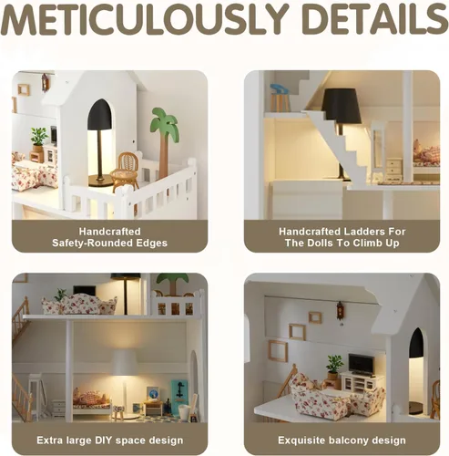 Vista 11 de Estantería de Casa de Muñecas de Madera - Estantería de Casa de Muñecas para Niños Pequeños, Espacio Extra para Almacenamiento de Juguetes y Libros
