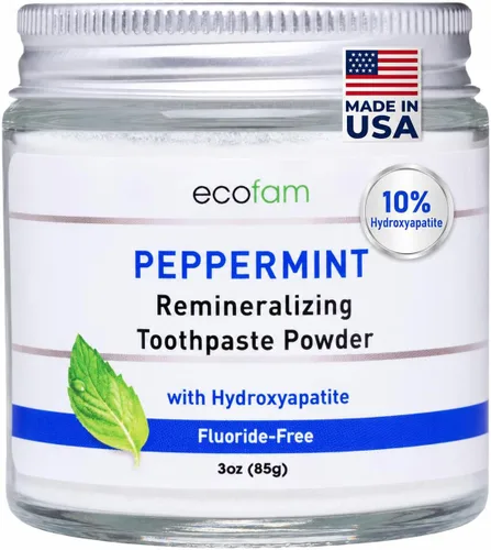 Vista 8 de Ecofam Polvo de pasta de dientes – Polvo de dientes remineralizante, hidroxiapatita y xilitol, sin flúor, apoya la fuerza del esmalte y la salud
