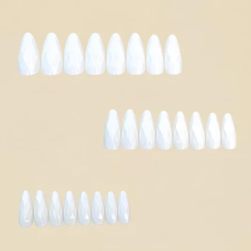 Vista 5 de Uñas postizas a presión medianas con diseño geométrico blanco almendra – 24 uñas postizas reutilizables de ABS brillante, fácil de aplicar, juego
