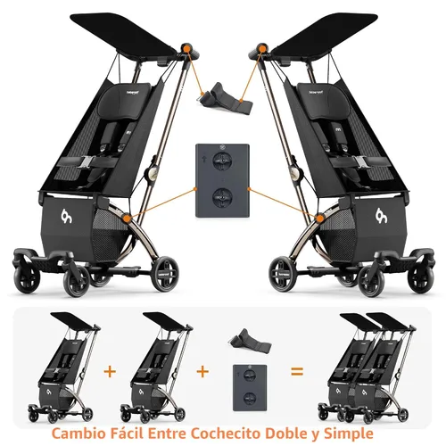 Vista 3 de Cochecito de viaje doble plegable automático R1 - Puede convertirse en dos cochecitos individuales