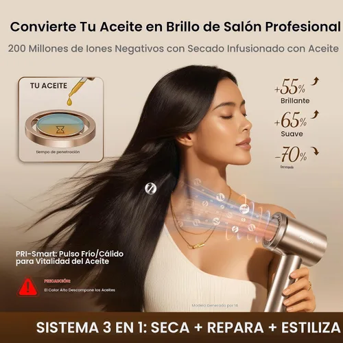Vista 2 de PRITECH Secador de pelo de alta velocidad con difusor, secador iónico de Pvd Mirage Oro