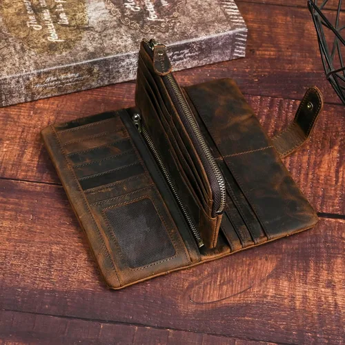Vista 20 de Genuino Caballo Loco Cuero Regalo de Viaje Moneda Bolsillo Tarjetero Organizador Largo Cadena Rfid Cartera Monedero Con Broche Para Hombres Hombres